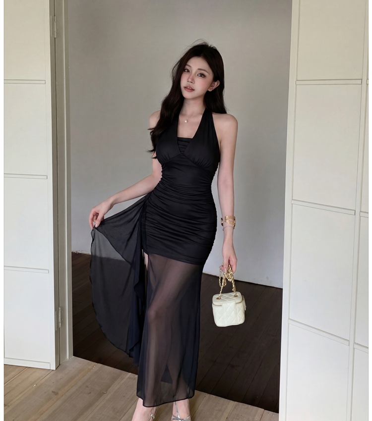 Halter package hip dress pinched waist summer long dress