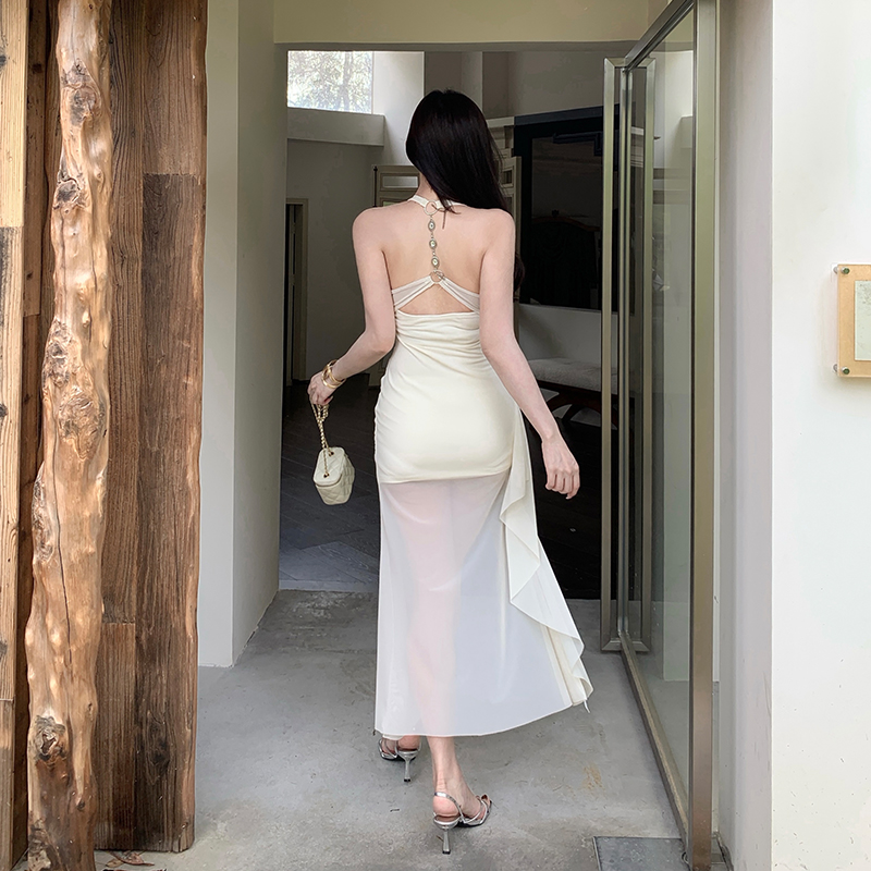 Halter package hip dress pinched waist summer long dress