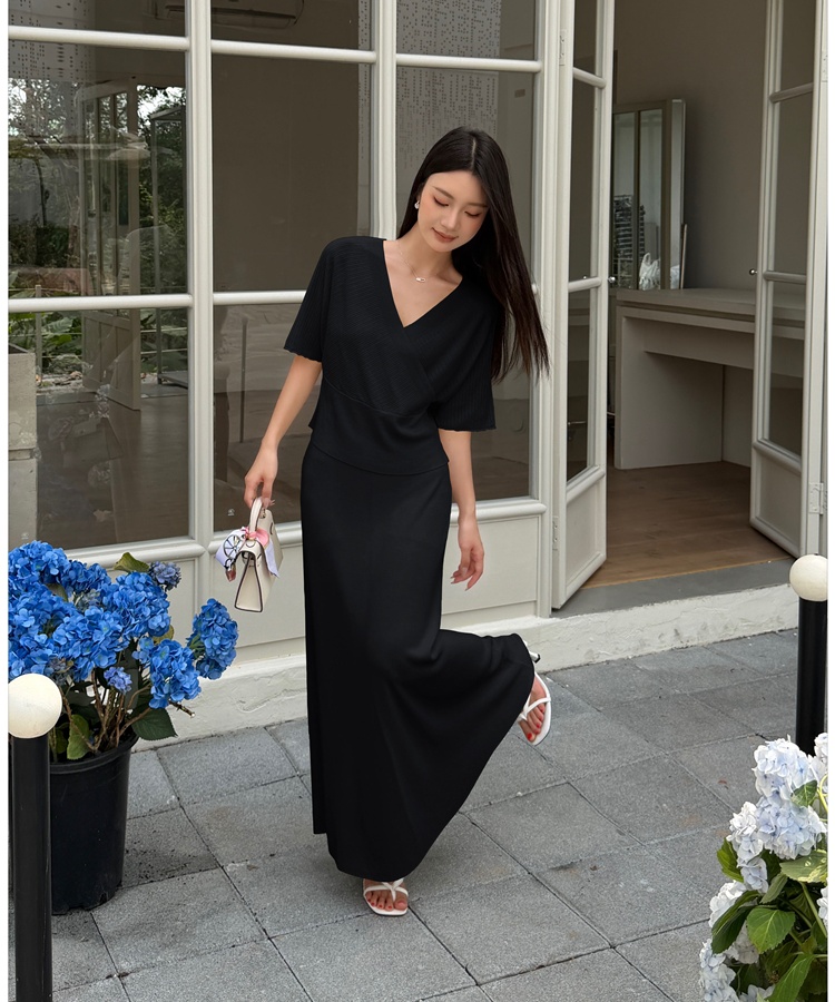 Temperament V-neck tops knitted skirt 2pcs set