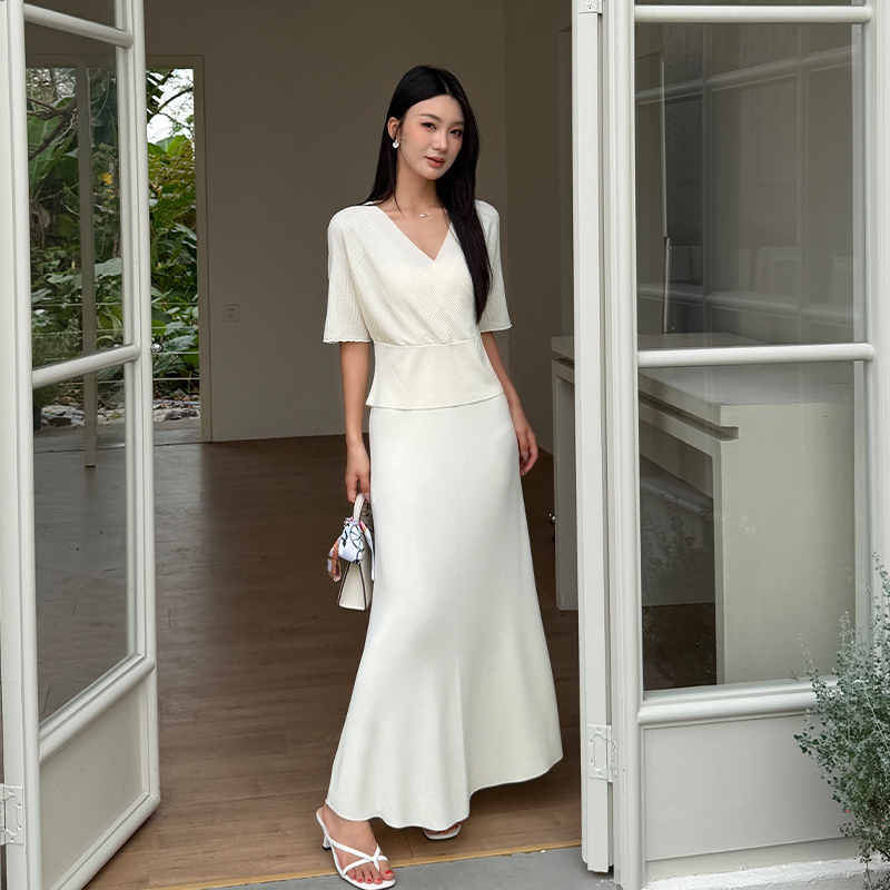 Temperament V-neck tops knitted skirt 2pcs set