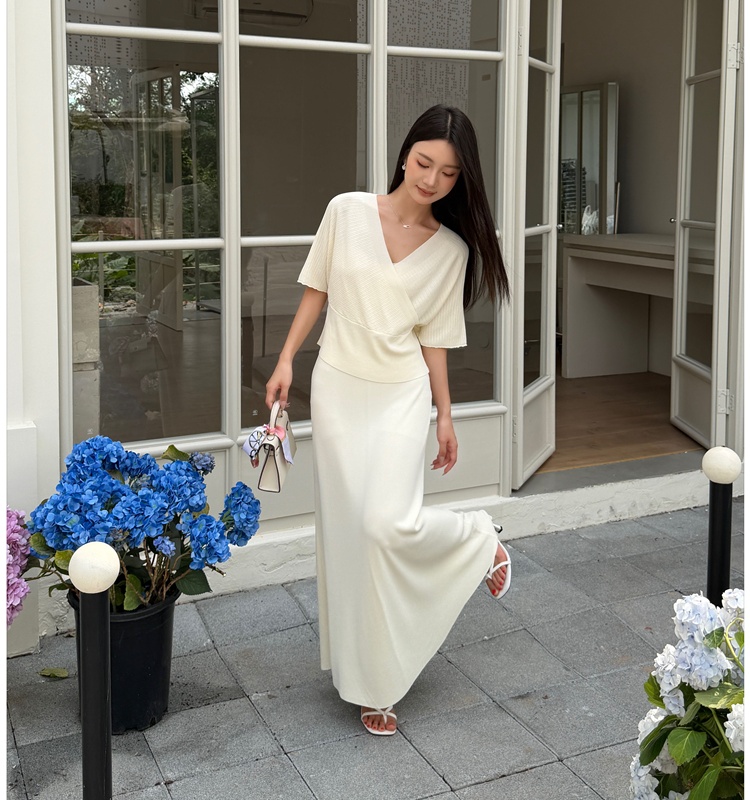 Temperament V-neck tops knitted skirt 2pcs set
