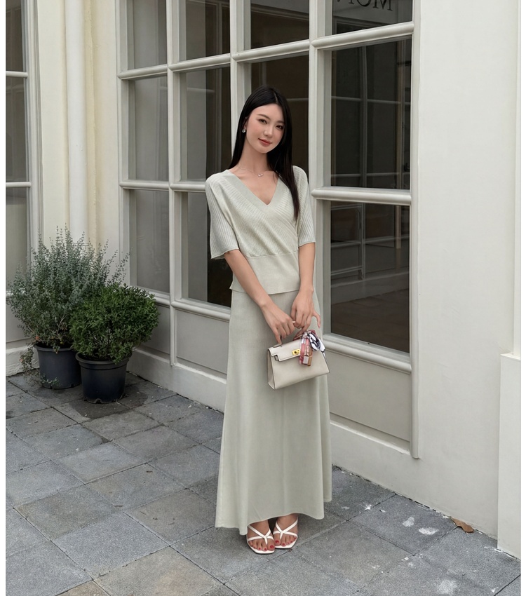 Temperament V-neck tops knitted skirt 2pcs set