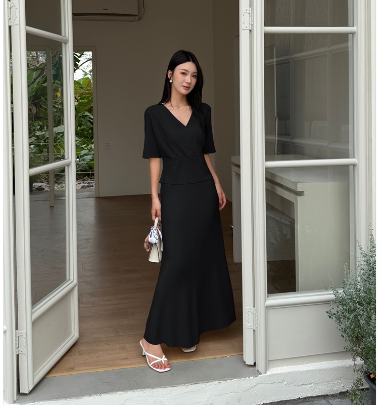 Temperament V-neck tops knitted skirt 2pcs set