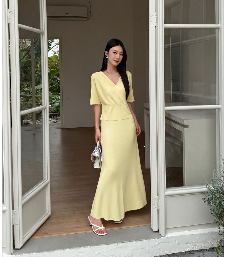 Temperament V-neck tops knitted skirt 2pcs set