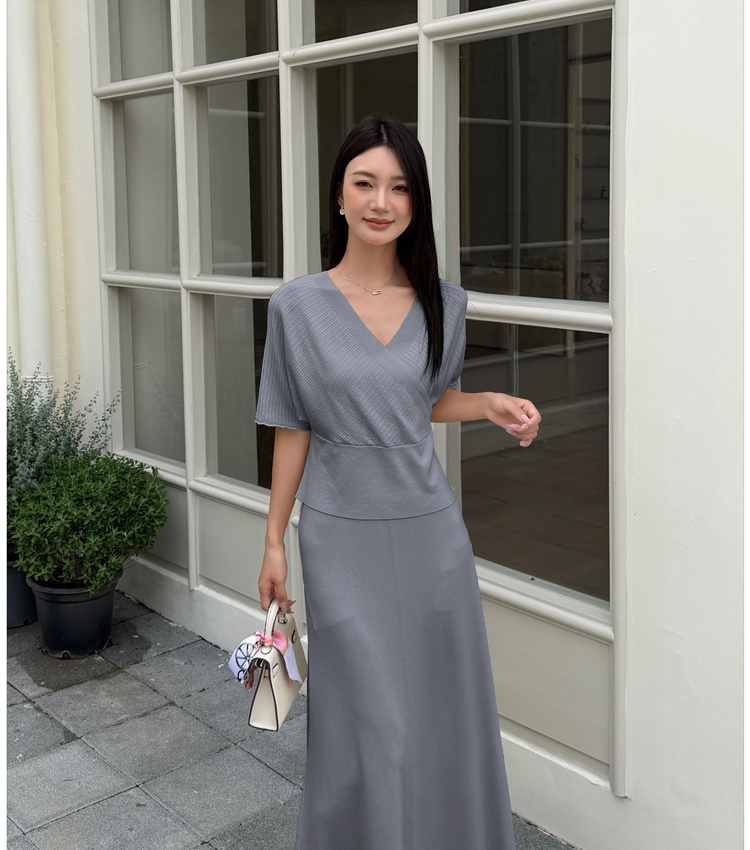 Temperament V-neck tops knitted skirt 2pcs set