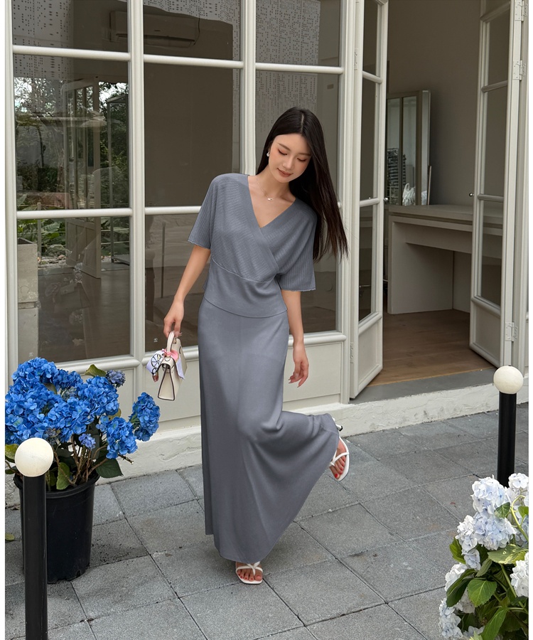 Temperament V-neck tops knitted skirt 2pcs set