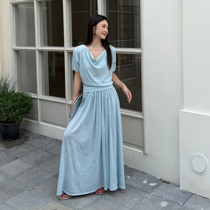 Lazy knitted tops big skirt loose long skirt 2pcs set