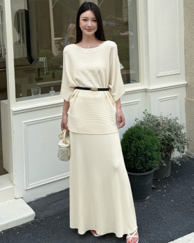 Temperament long skirt pinched waist sweater 2pcs set