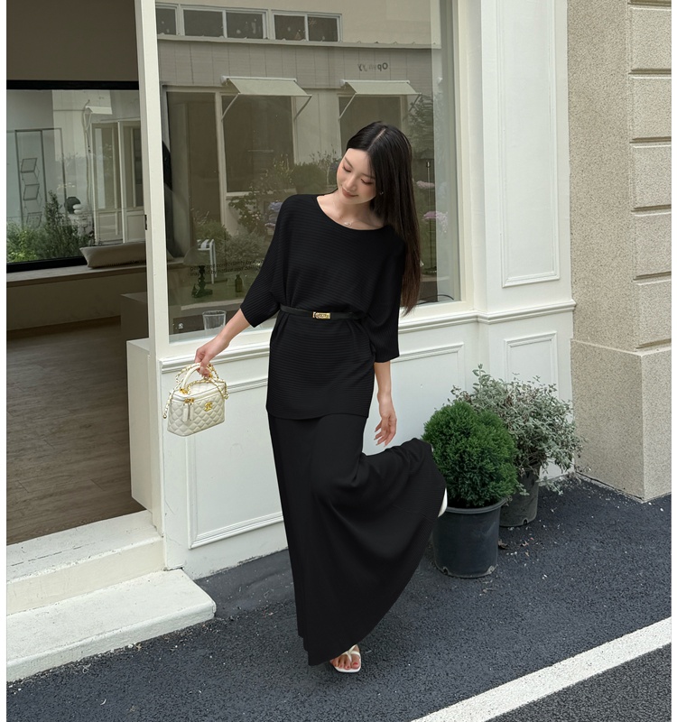 Temperament long skirt pinched waist sweater 2pcs set