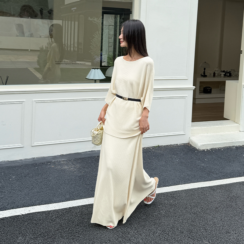Temperament long skirt pinched waist sweater 2pcs set