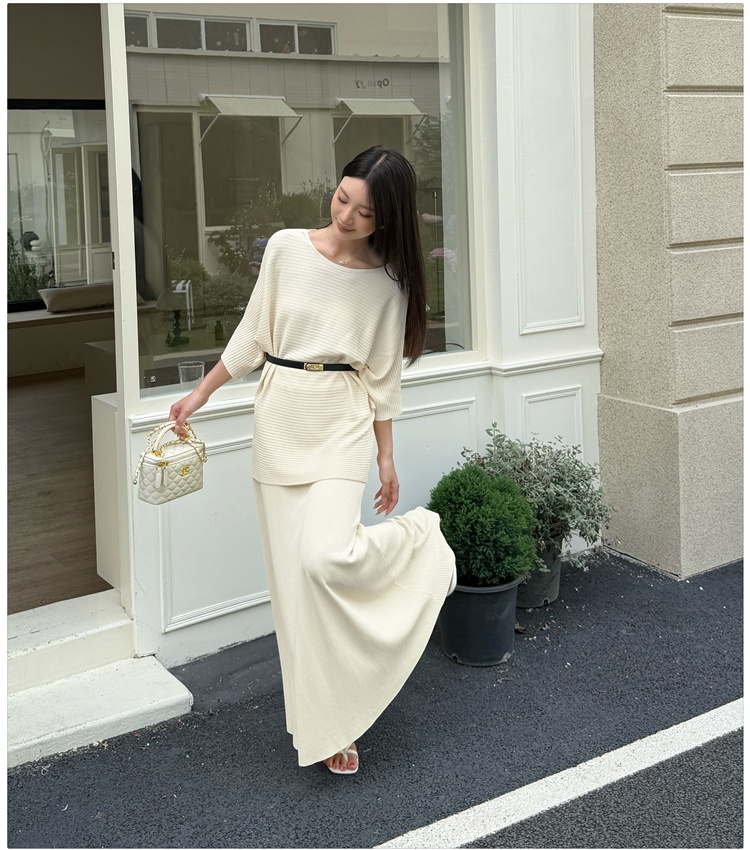 Temperament long skirt pinched waist sweater 2pcs set