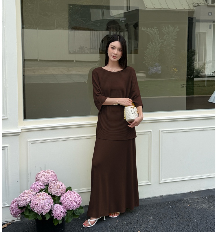 Temperament long skirt pinched waist sweater 2pcs set