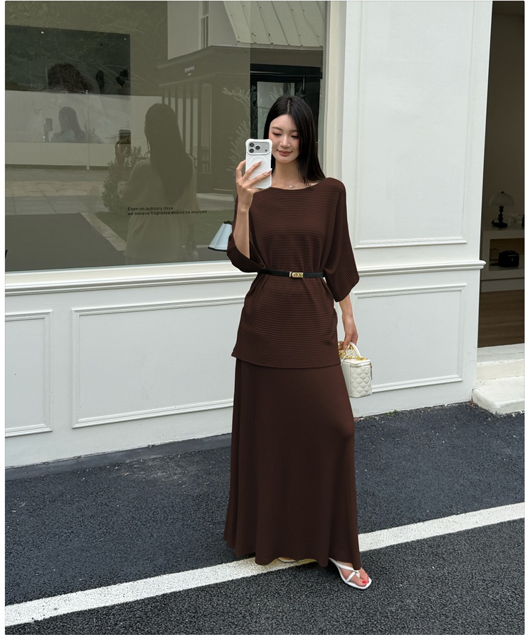 Temperament long skirt pinched waist sweater 2pcs set