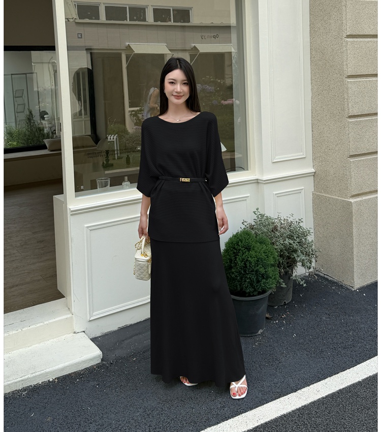 Temperament long skirt pinched waist sweater 2pcs set