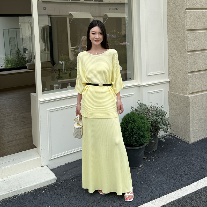 Temperament long skirt pinched waist sweater 2pcs set
