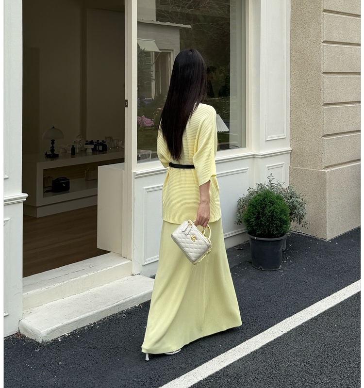Temperament long skirt pinched waist sweater 2pcs set