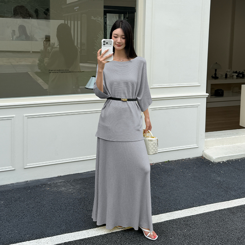 Temperament long skirt pinched waist sweater 2pcs set