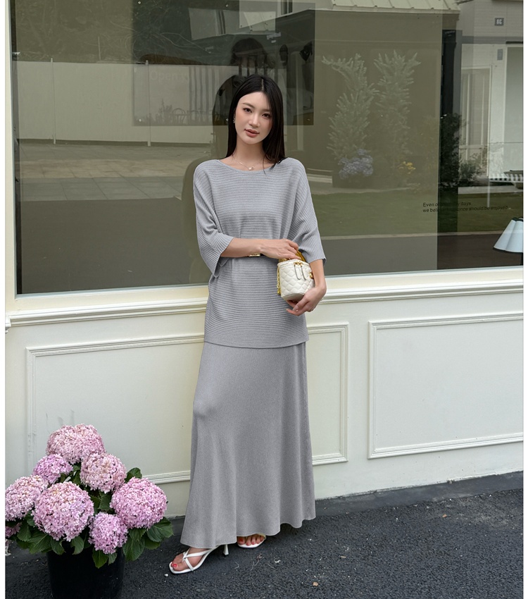 Temperament long skirt pinched waist sweater 2pcs set