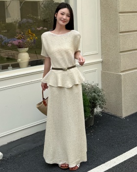 Lotus leaf edges long skirt short sleeve sweater 2pcs set