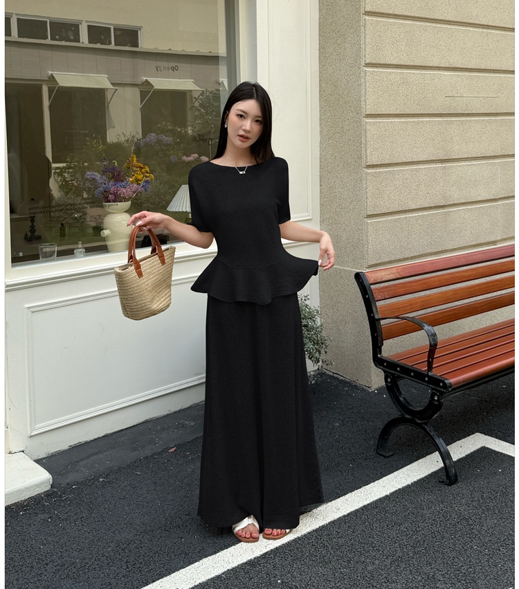 Lotus leaf edges long skirt short sleeve sweater 2pcs set