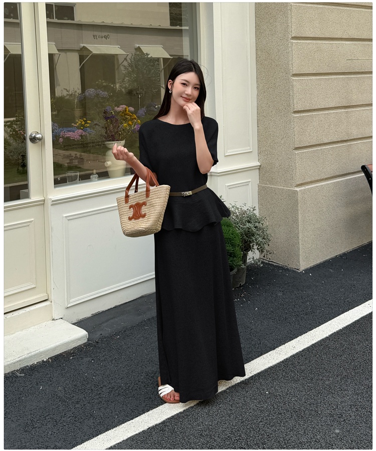 Lotus leaf edges long skirt short sleeve sweater 2pcs set