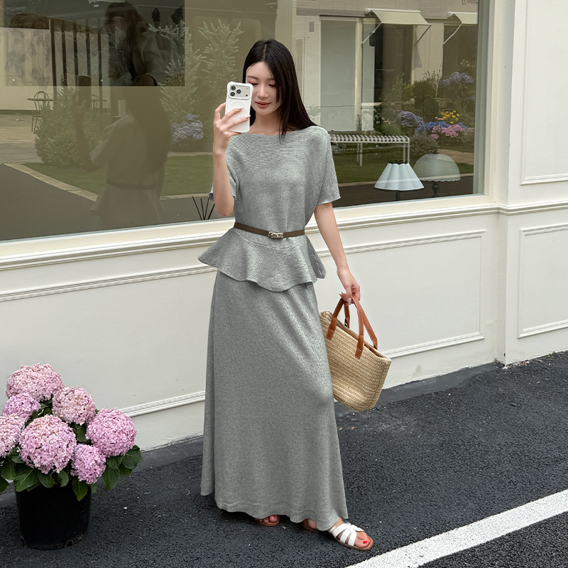 Lotus leaf edges long skirt short sleeve sweater 2pcs set