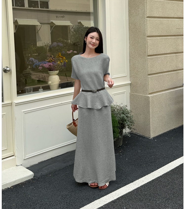 Lotus leaf edges long skirt short sleeve sweater 2pcs set