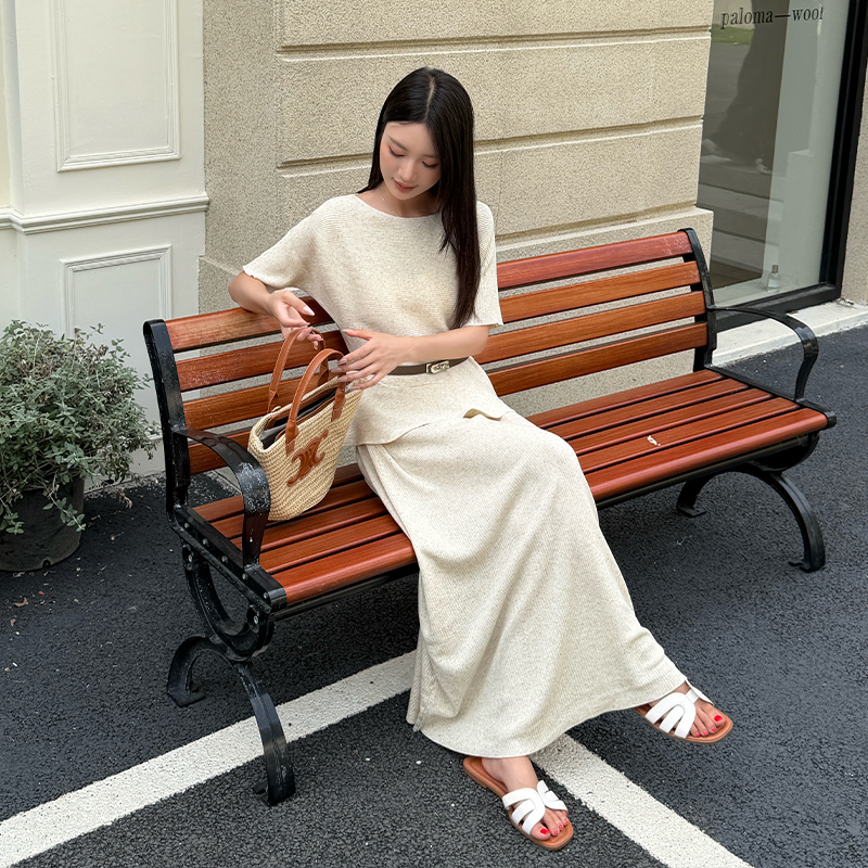 Lotus leaf edges long skirt short sleeve sweater 2pcs set