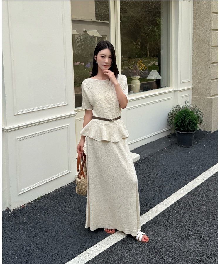 Lotus leaf edges long skirt short sleeve sweater 2pcs set
