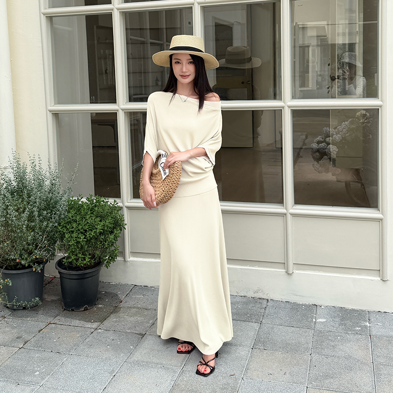 Strapless lazy long skirt bat sleeve Casual tops a set