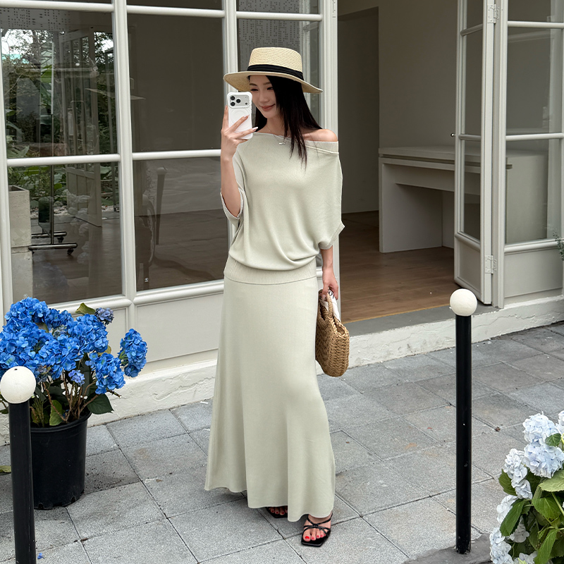Strapless lazy long skirt bat sleeve Casual tops a set