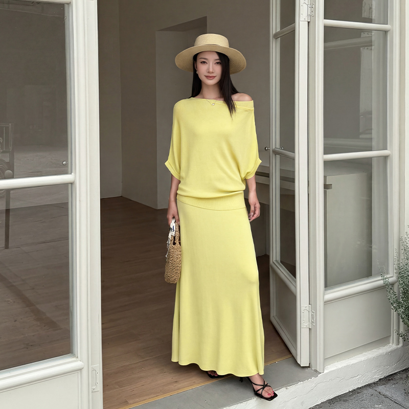Strapless lazy long skirt bat sleeve Casual tops a set