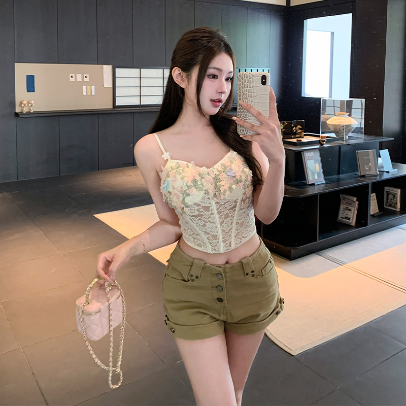 Denim rivet short flanging spicegirl shorts for women