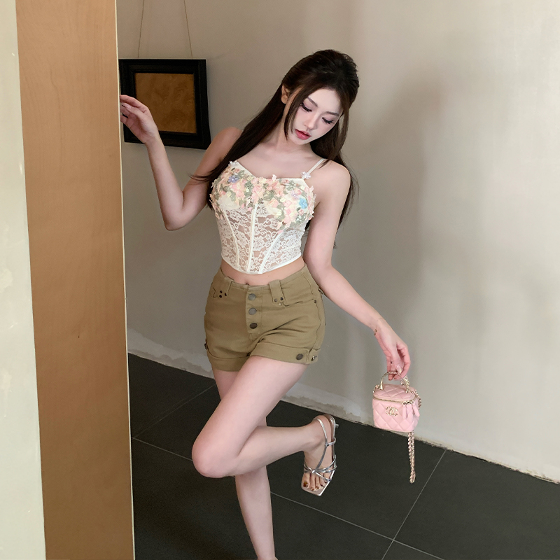 Denim rivet short flanging spicegirl shorts for women