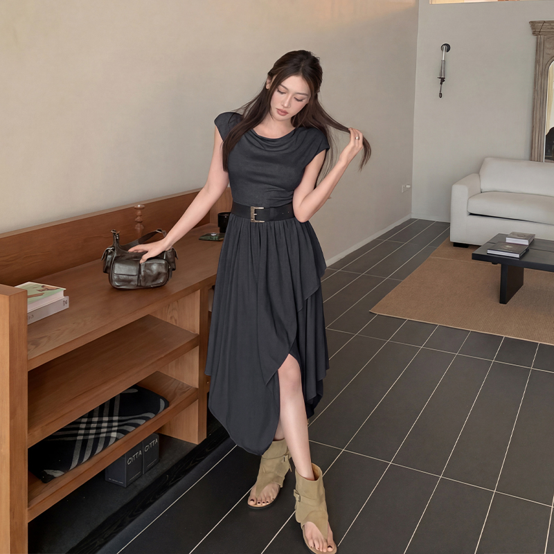 Frenum long pinched waist slim small fellow irregular dress