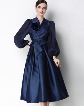 Flowers elegant pinched waist formal dress slim temperament dress