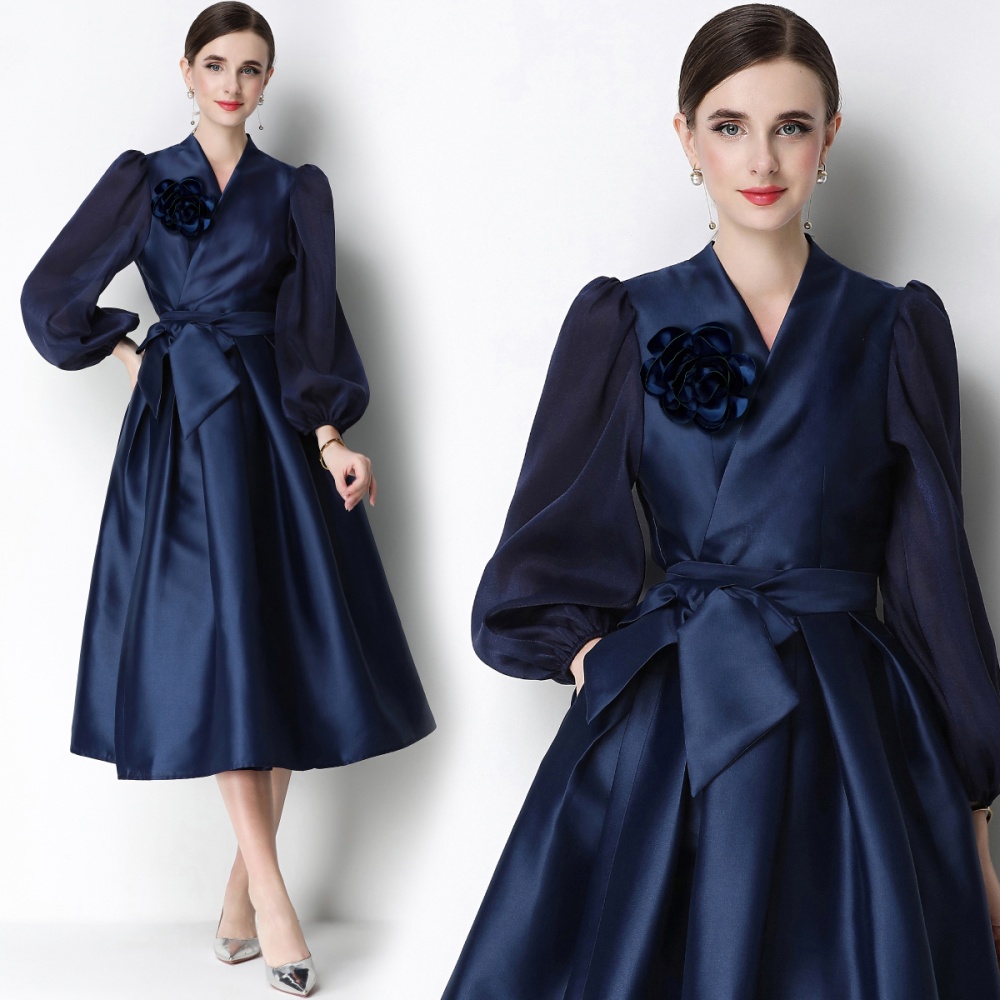 Flowers elegant pinched waist formal dress slim temperament dress