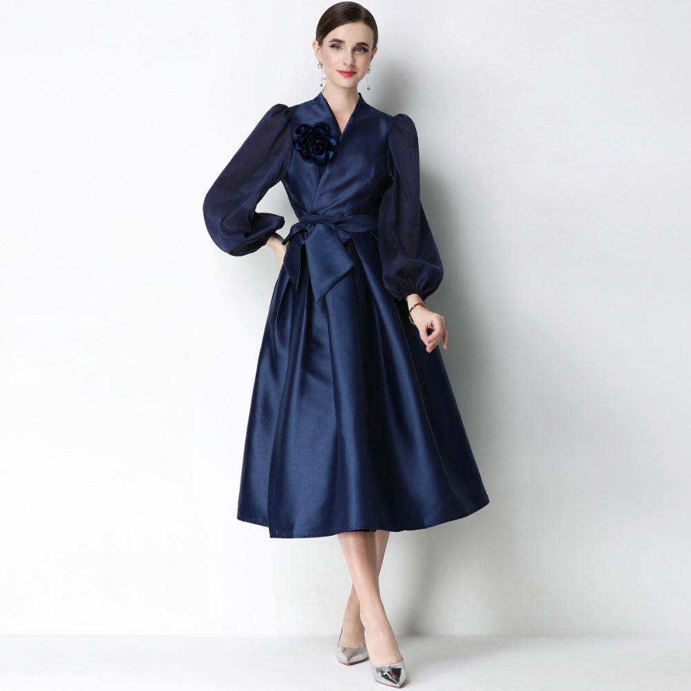 Flowers elegant pinched waist formal dress slim temperament dress