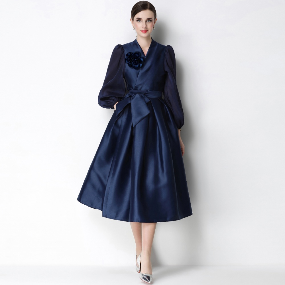 Flowers elegant pinched waist formal dress slim temperament dress