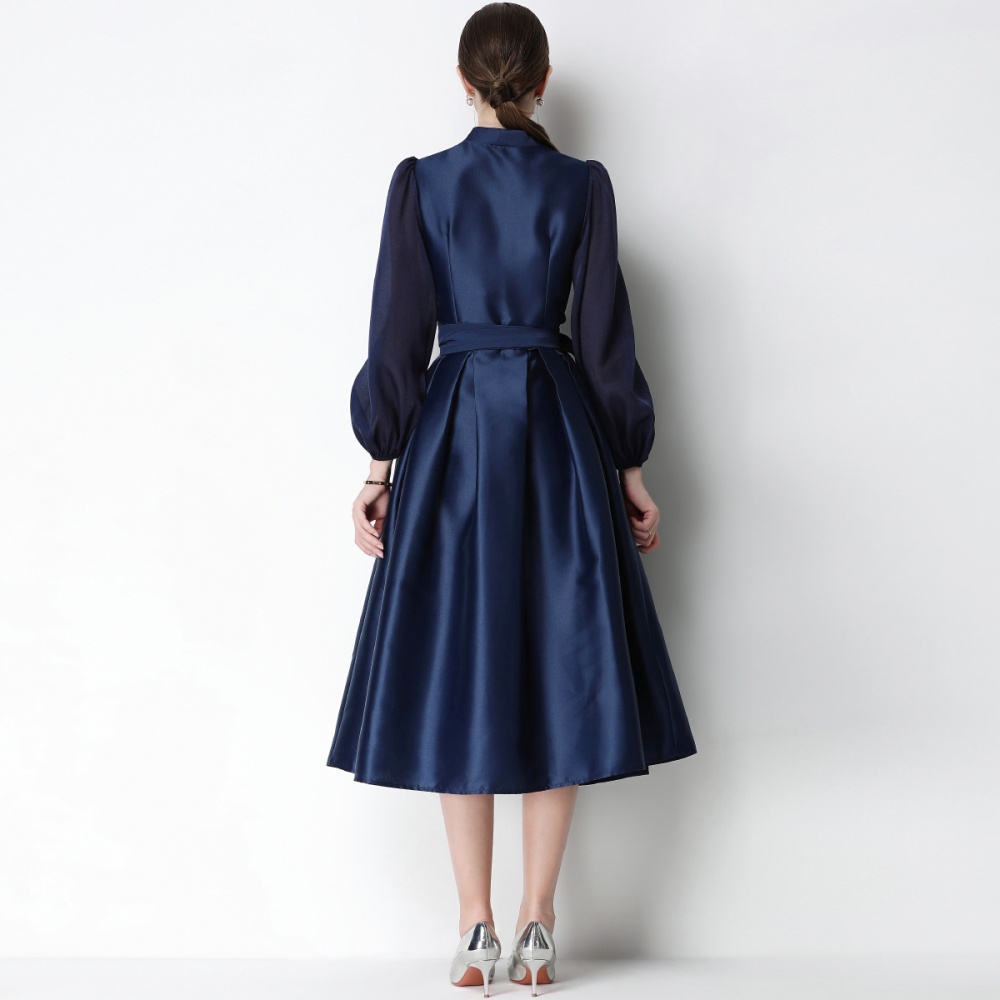 Flowers elegant pinched waist formal dress slim temperament dress