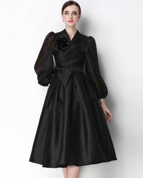 Satin puff sleeve formal dress temperament dress