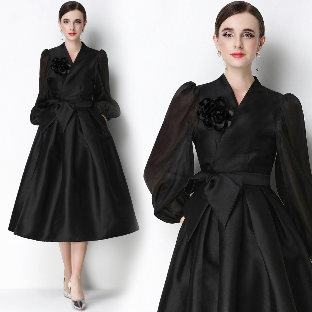 Satin puff sleeve formal dress temperament dress