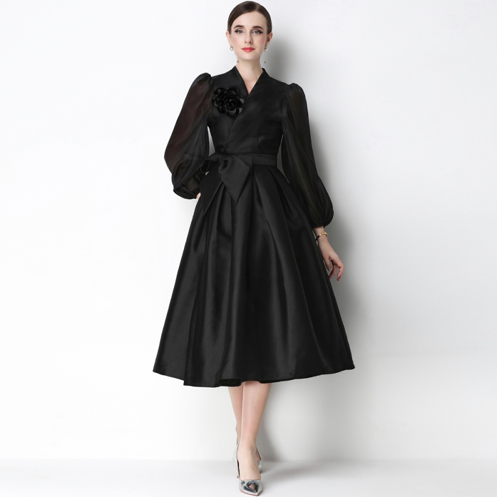 Satin puff sleeve formal dress temperament dress