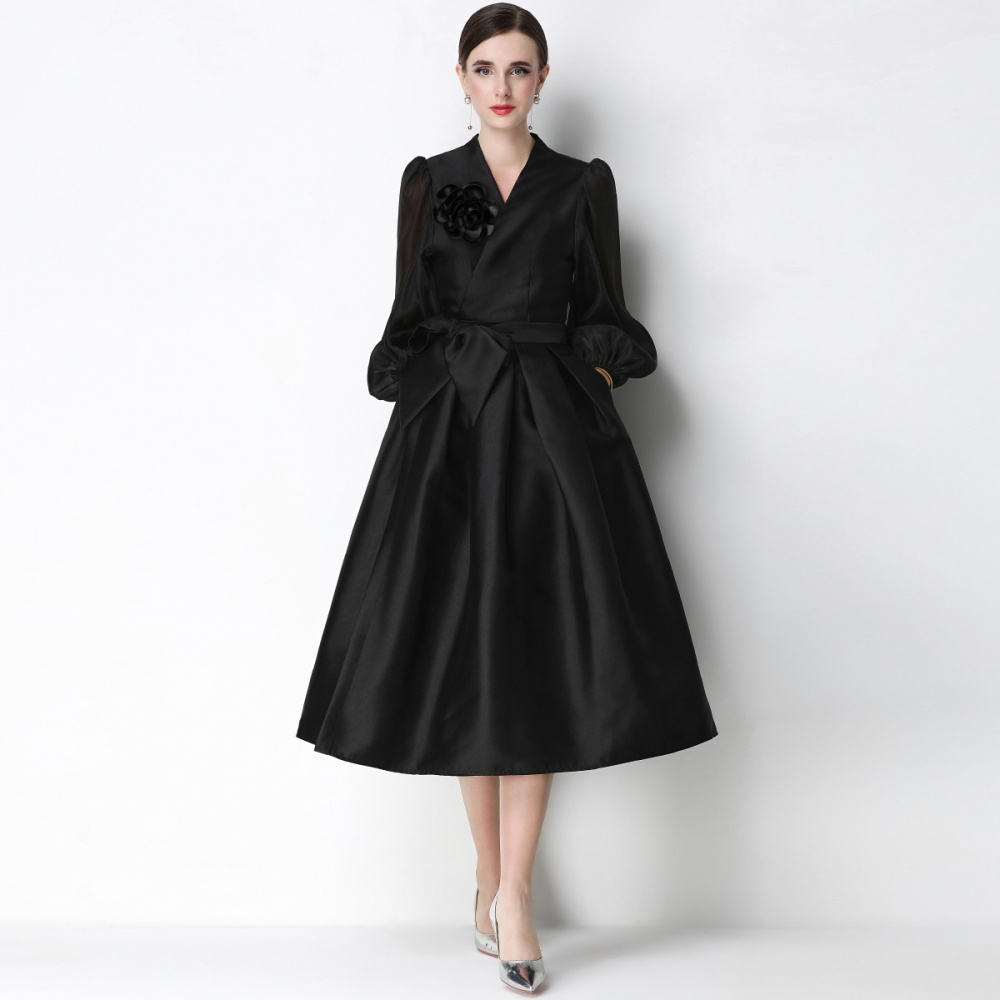Satin puff sleeve formal dress temperament dress
