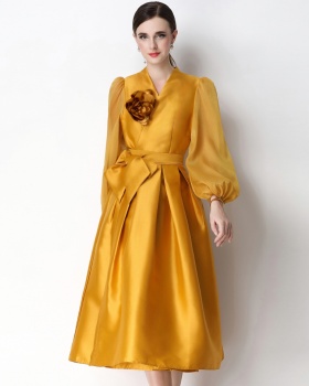 Puff sleeve elegant satin dress flowers temperament formal dress