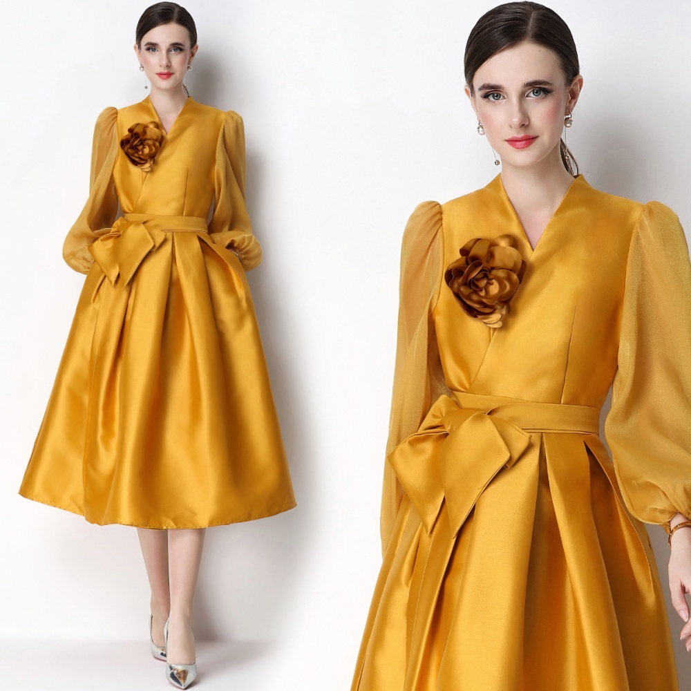 Puff sleeve elegant satin dress flowers temperament formal dress