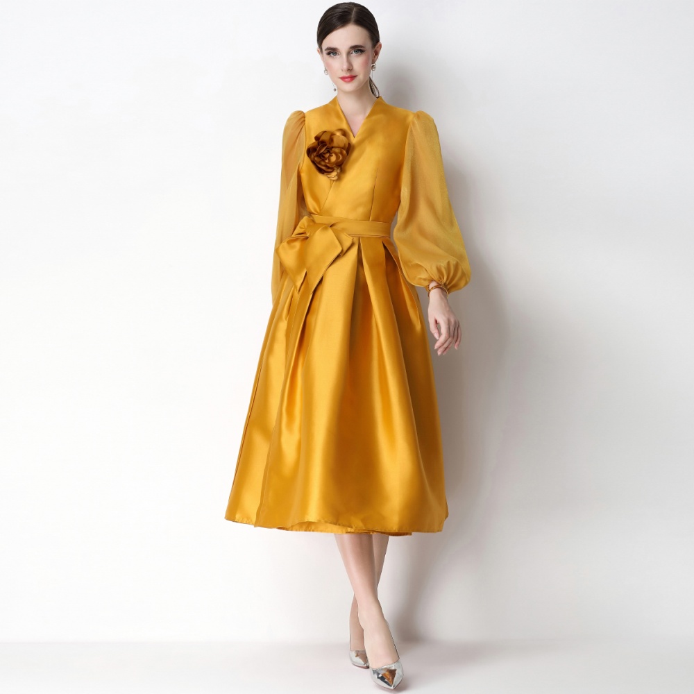 Puff sleeve elegant satin dress flowers temperament formal dress