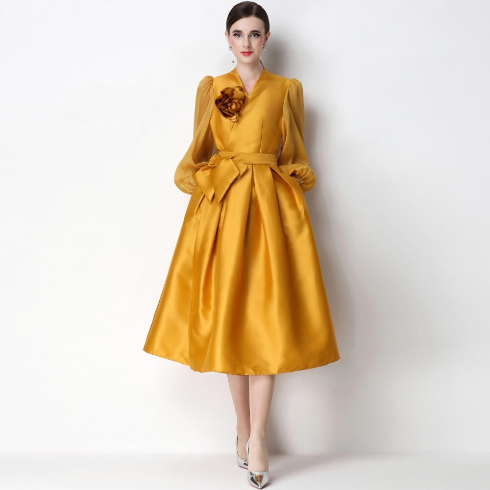 Puff sleeve elegant satin dress flowers temperament formal dress