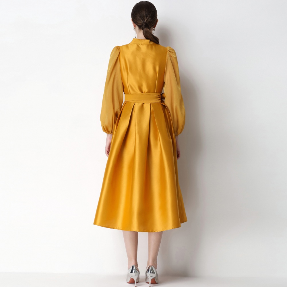 Puff sleeve elegant satin dress flowers temperament formal dress