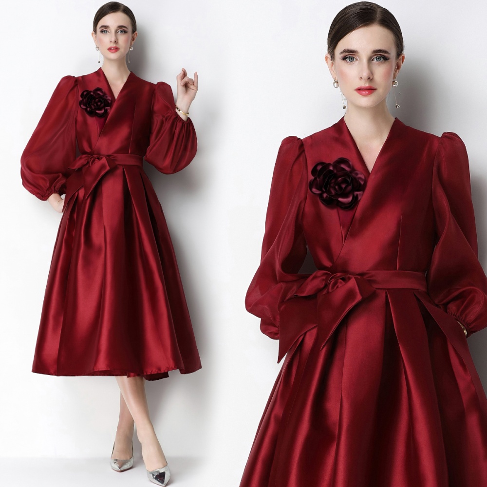 A-line satin elegant formal dress puff sleeve V-neck dress